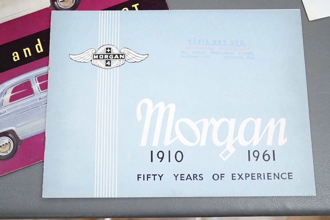 Six 1950s and 1960s motor car manufacturer’s brochures; the Alvis Three Litre TD21 (produced 1962-63), the Ford Anglia and Prefect (produced 1953-59), the Morgan (1960-61), the Opel Rekord P2 (produced 1960-63), the Opel